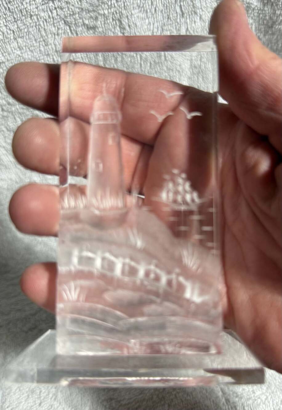 Vintage Lucite Paperweight Reverse Carved Lighthouse